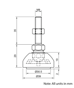 Technical Drawing Of Articulating Anti-slip Levelling Foot - Metal 39mm - M8 - 35mm