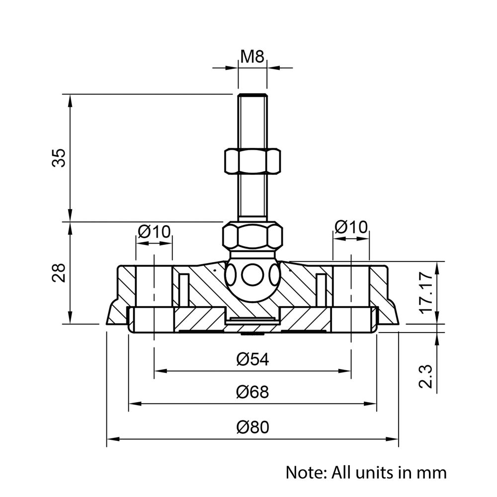 Technical Drawing Of Articulating Anti-slip Levelling Foot - Nylon 80mm - M8 - 35mm