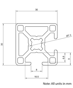 Technical Drawing Of Aluminium Extrusion Profile - T-Slot - 30x30mm - 2 Slot Corner - Silver - Cut to Size