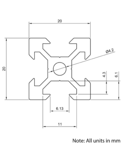 Technical Drawing Of Aluminium Extrusion Profile - T/V-Slot - 20 Series - 20x20mm - Silver - Cut to Size