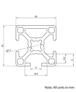 Technical Drawing Of Aluminium Extrusion Profile - T-Slot - 30x30mm - 3 Slot - Silver - Cut to Size