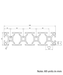 Technical Drawing Of Aluminium Extrusion Profile - T-Slot - 30x120mm - Silver - Cut to Size