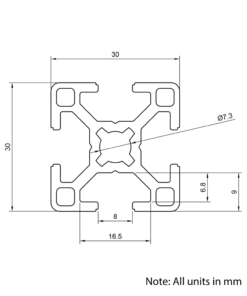 Technical Drawing Of Aluminium Extrusion Profile - T-Slot - 30x30mm - Silver - Cut to Size