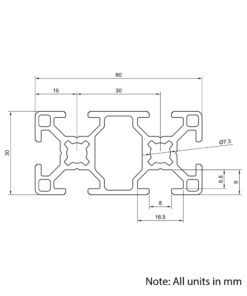 Technical Drawing Of Aluminium Extrusion Profile - T-Slot - 30x60mm - Silver - Cut to Size