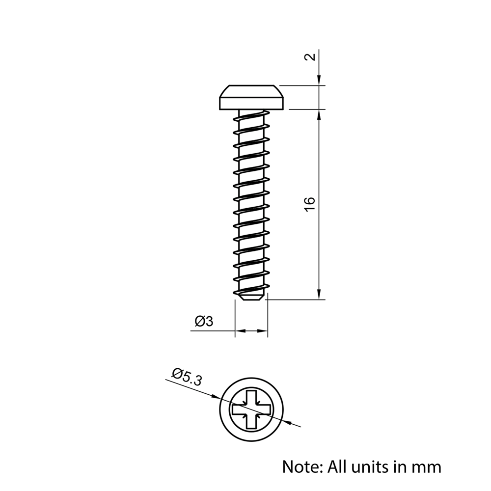 Technical Drawing Of Pan Head Polyfix Plastic Self Tapping Screw - 3mm - 16mm