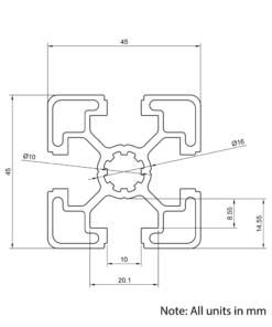Technical Drawing Of Aluminium Extrusion Profile - T-Slot - 45x45mm - Silver - Cut to Size