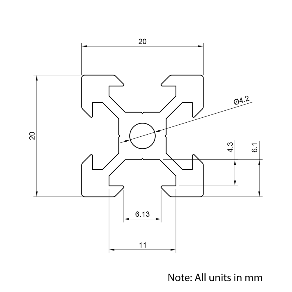 Technical Drawing Of Aluminium Extrusion Profile - T/V-Slot - 20 Series - 20x20mm - Black - Cut to Size