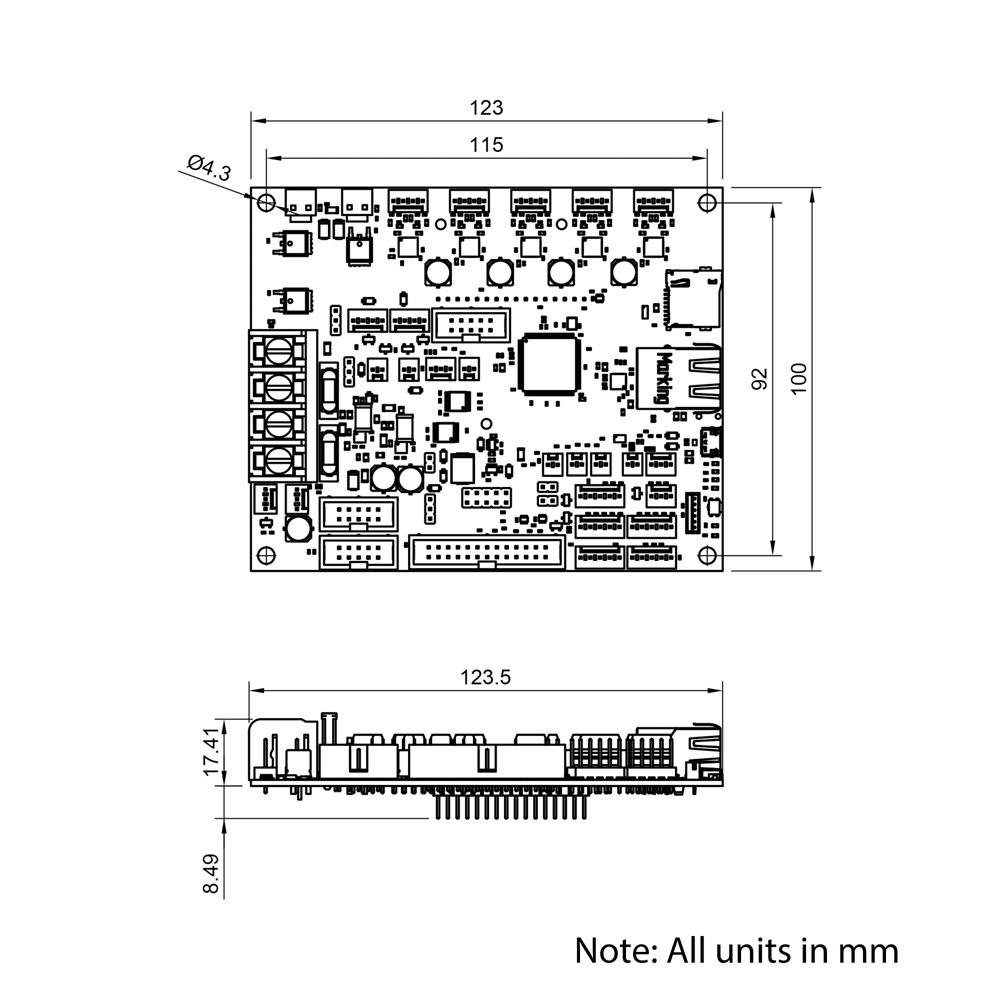 Technical Drawing Of Duet 3 Mini Mainboard - Ethernet