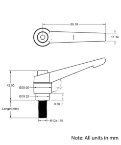 Technical Drawing Of Adjustable Handle - M12 - 50mm