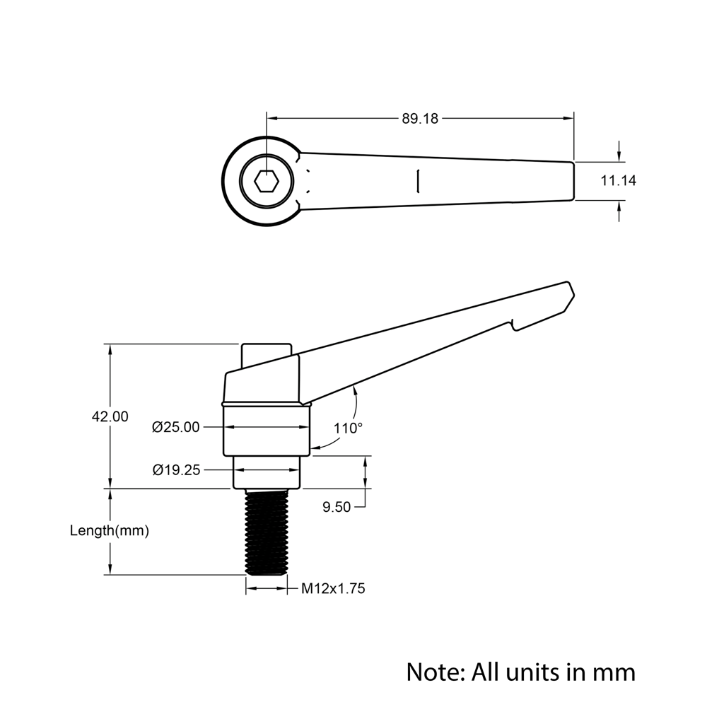 Technical Drawing Of Adjustable Handle - M12 - 50mm