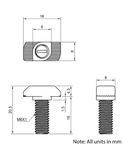 Technical Drawing of Drop In Bolt - T-Slot - 30 Series - M6 - 16mm