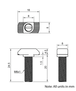 Technical Drawing of Drop In Bolt - T-Slot - 30 Series - M6 - 20mm