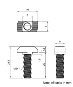 Technical Drawing of Drop In Bolt - T-Slot - 30 Series - M6 - 20mm