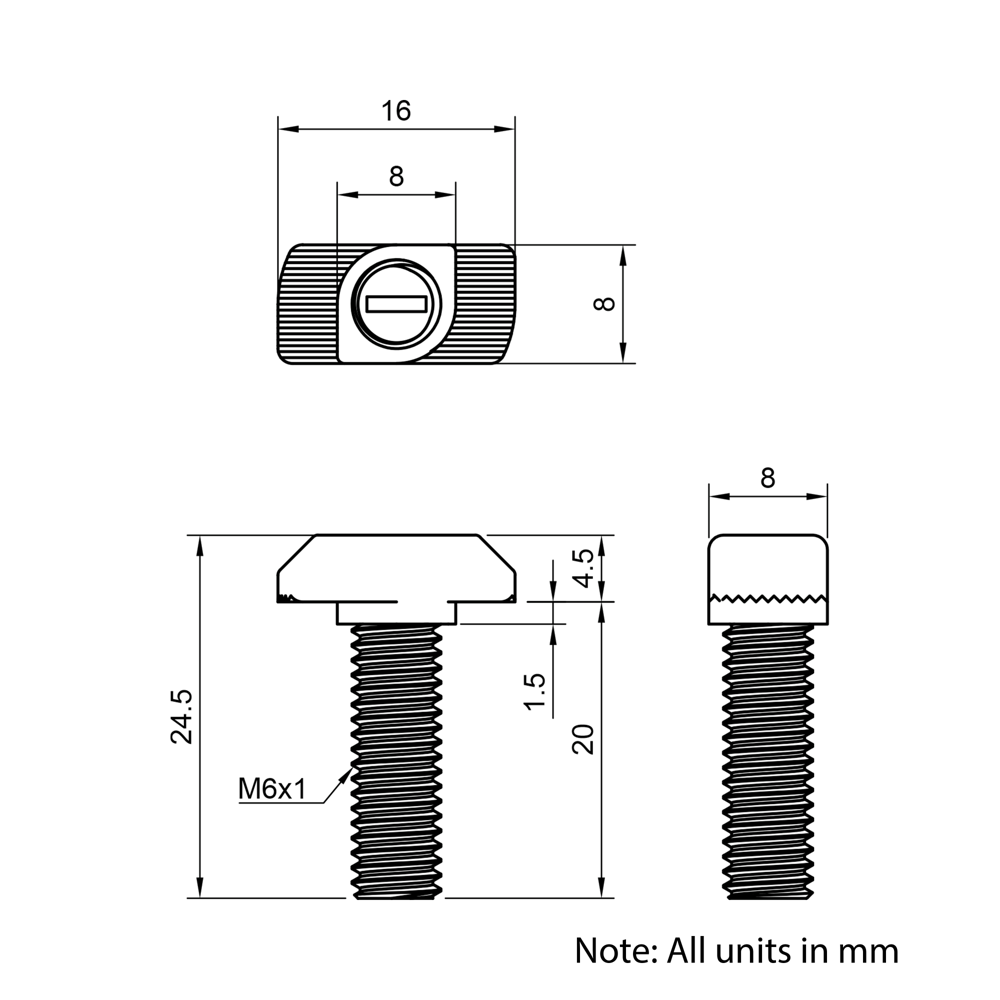 Technical Drawing of Drop In Bolt - T-Slot - 30 Series - M6 - 20mm