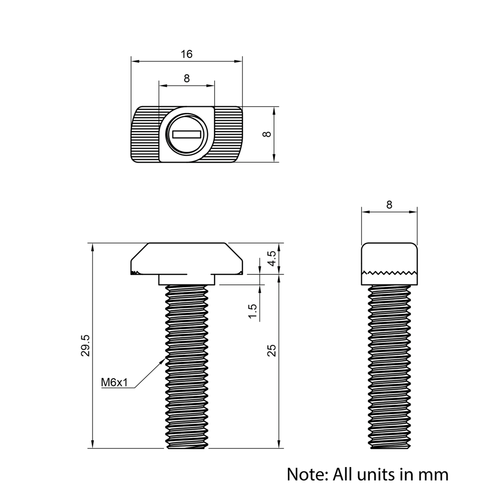 Technical Drawing of Drop In Bolt - T-Slot - 30 Series - M6 - 25mm