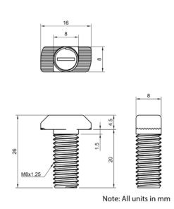Technical Drawing of Drop In Bolt - T-Slot - 30 Series - M8 - 20mm