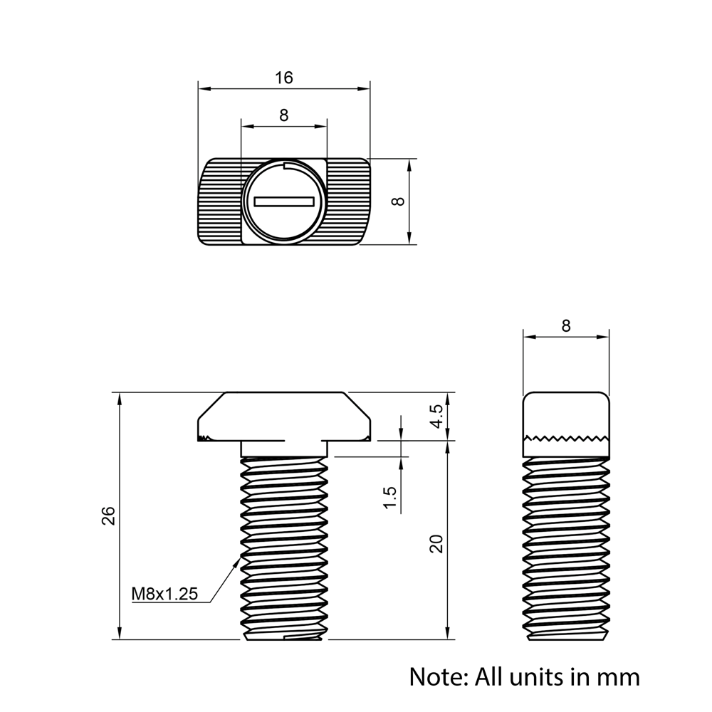 Technical Drawing of Drop In Bolt - T-Slot - 30 Series - M8 - 20mm