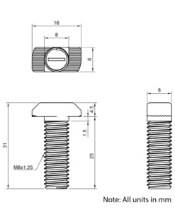 Technical Drawing of Drop In Bolt - T-Slot - 30 Series - M8 - 25mm