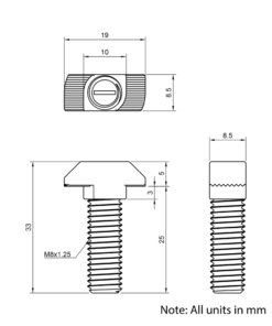 Technical Drawing of Drop In Bolt - T-Slot - 40 & 45 Series - M8 - 25mm