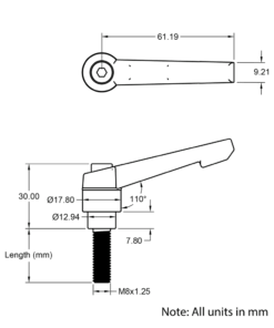 Technical Drawing Of Adjustable Handle - M8 - 25mm