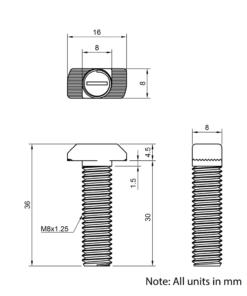 Technical Drawing of Drop In Bolt - T-Slot - 30 Series - M8 - 30mm