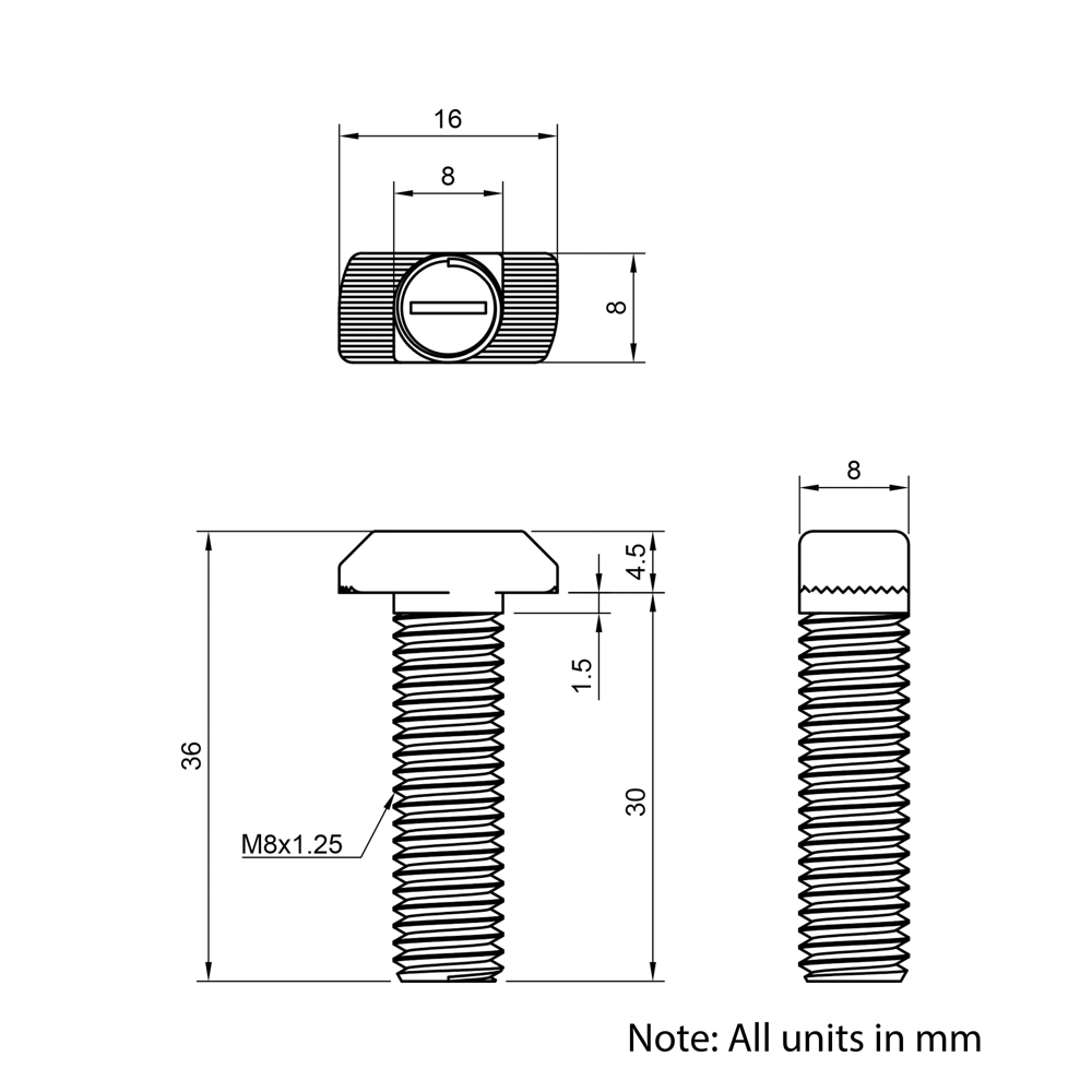 Technical Drawing of Drop In Bolt - T-Slot - 30 Series - M8 - 30mm