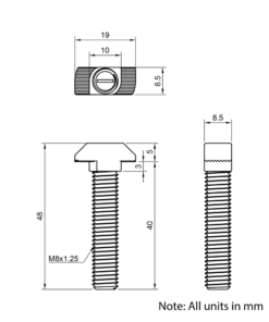 Technical Drawing of Drop In Bolt - T-Slot - 40 & 45 Series - M8 - 40mm