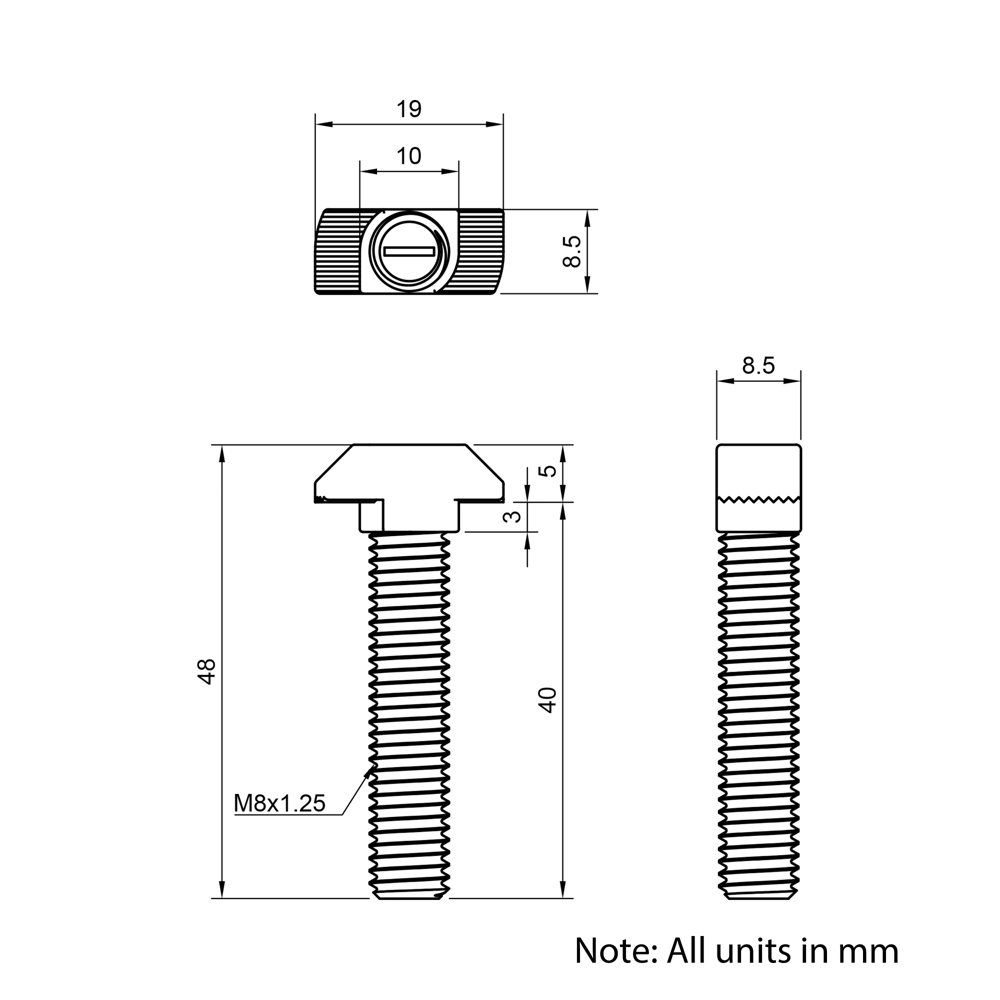Technical Drawing of Drop In Bolt - T-Slot - 40 & 45 Series - M8 - 40mm
