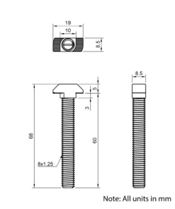 Technical Drawing of Drop In Bolt - T-Slot - 40 & 45 Series - M8 - 60mm