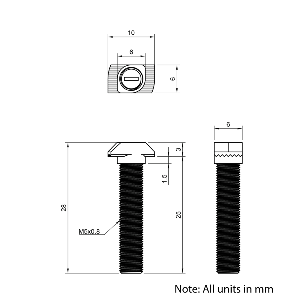 Technical Drawing of Drop In Bolt - T/V-Slot - 20 Series - M5 - 25mm