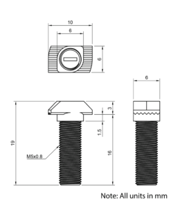 Technical Drawing of Drop In Bolt - T/V-Slot - 20 Series - M5 - 16mm