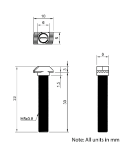 Technical Drawing of Drop In Bolt - T/V-Slot - 20 Series - M5 - 30mm