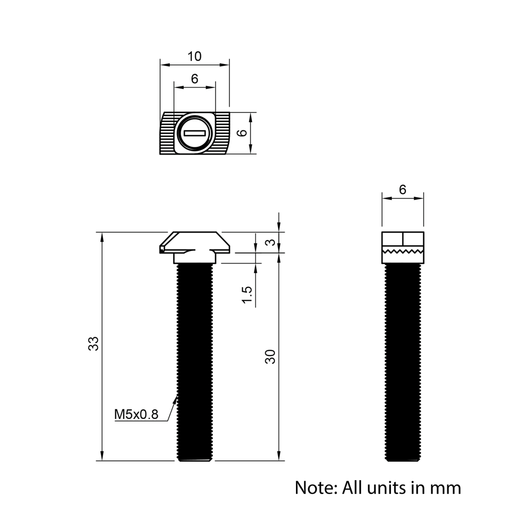 Technical Drawing of Drop In Bolt - T/V-Slot - 20 Series - M5 - 30mm
