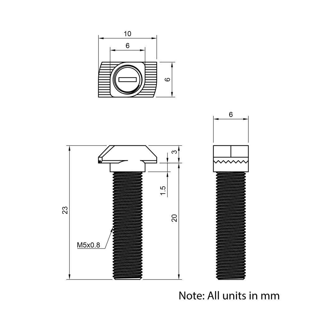 Technical Drawing of Drop In Bolt - T/V-Slot - 20 Series - M5 - 20mm
