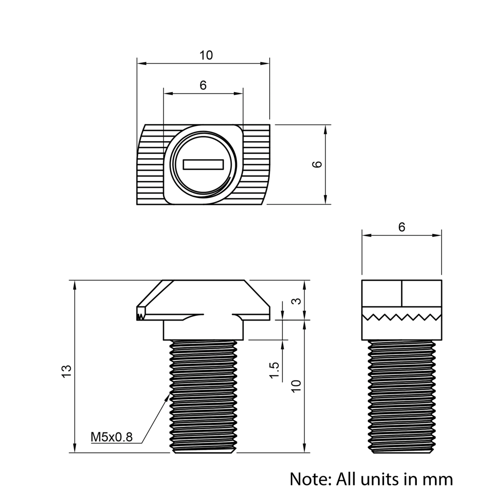 Technical Drawing of Drop In Bolt - T/V-Slot - 20 Series - M5 - 10mm
