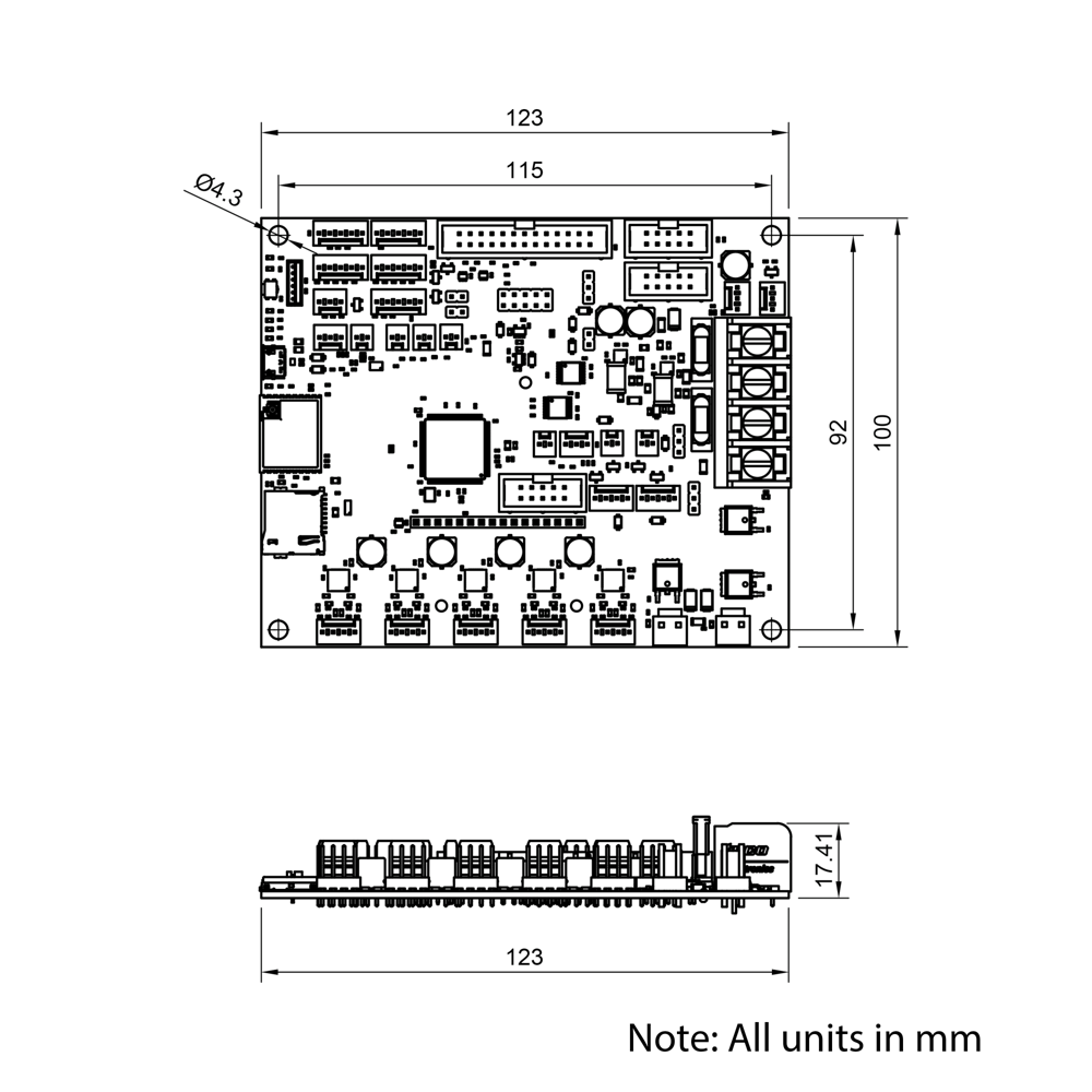 Technical Drawing Of Duet 3 Mini Mainboard - Wifi External Antenna