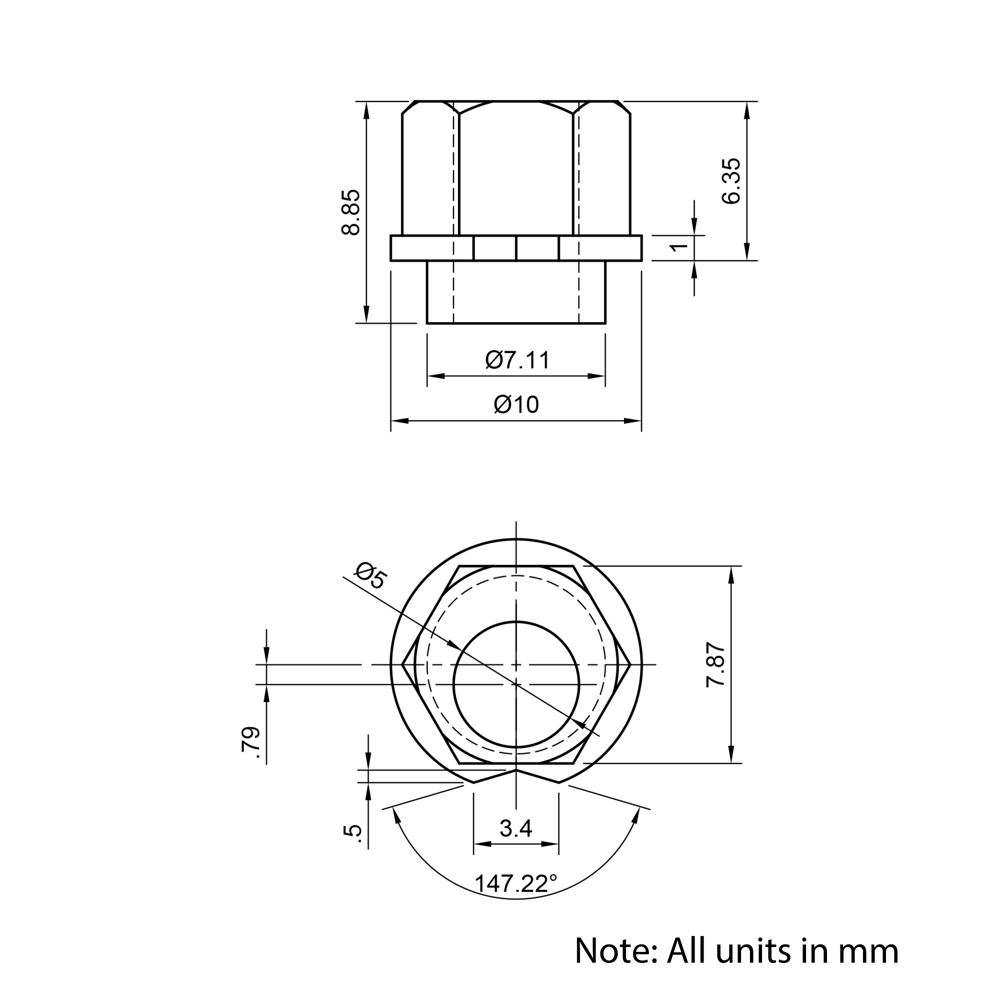 Technical Drawing Of Wheel Eccentric Spacer Nut - 1/4"