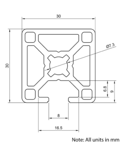 Technical Drawing Of Aluminium Extrusion Profile - T-Slot - 30x30mm - 1 Slot - Silver - Cut to Size
