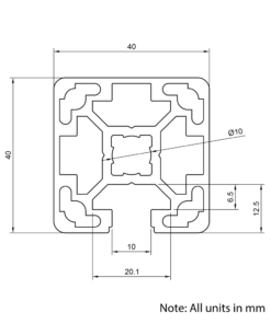 Technical Drawing Of Aluminium Extrusion Profile - T-Slot - 40x40mm - 1 Slot - Silver - Cut to Size