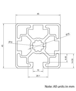 Technical Drawing Of Aluminium Extrusion Profile - T-Slot - 45x45mm - 1 Slot - Silver - Cut to Size