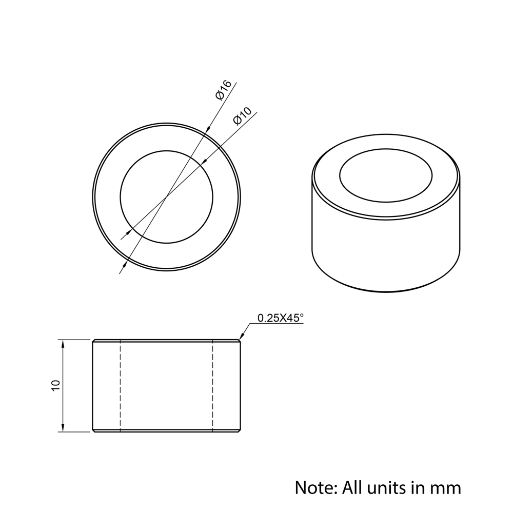 Technical Drawing Of Aluminium Spacer - 10mm - 10mm