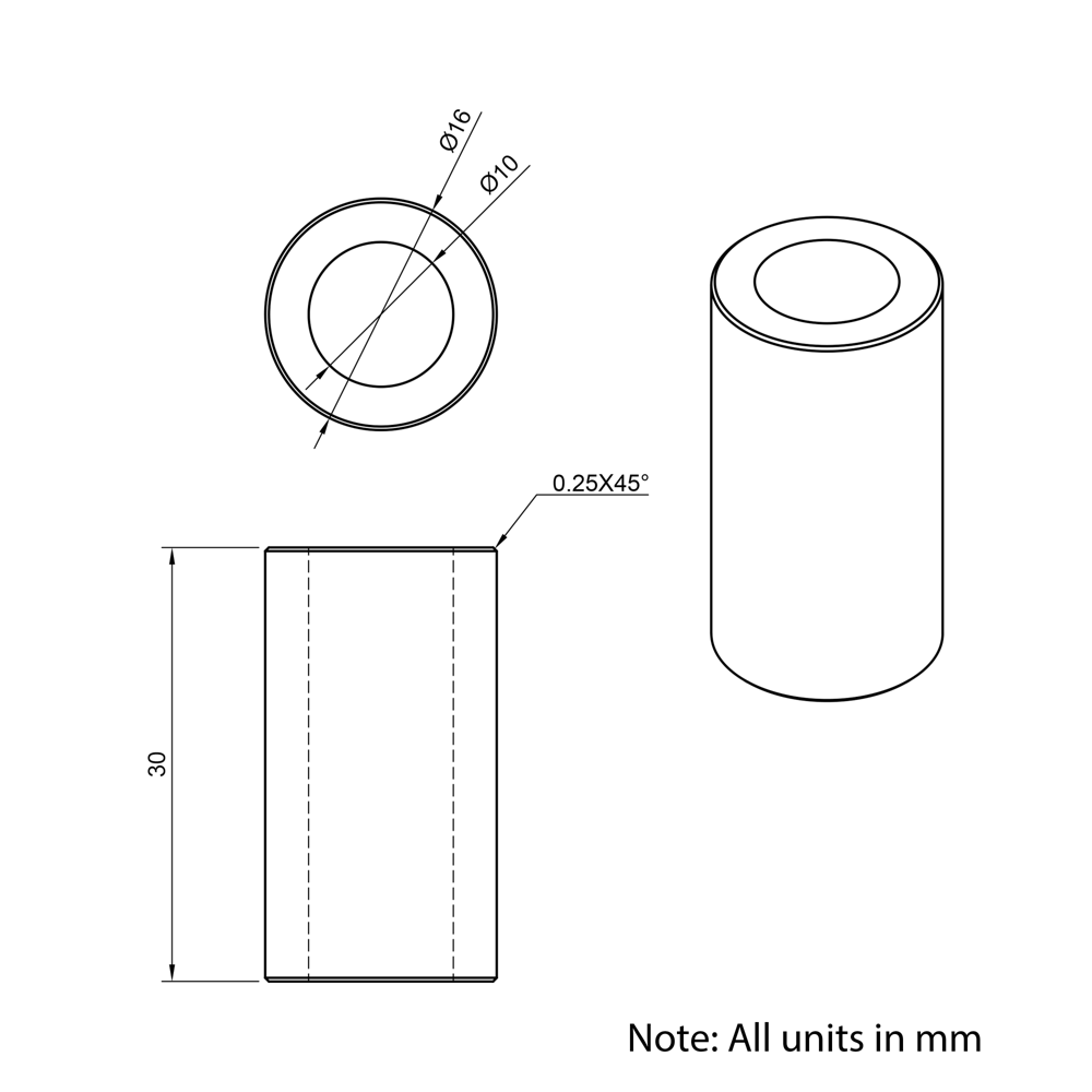 Technical Drawing Of Aluminium Spacer - 10mm - 30mm