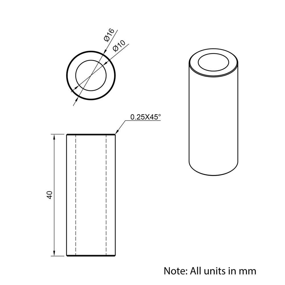 Technical Drawing Of Aluminium Spacer - 10mm - 40mm