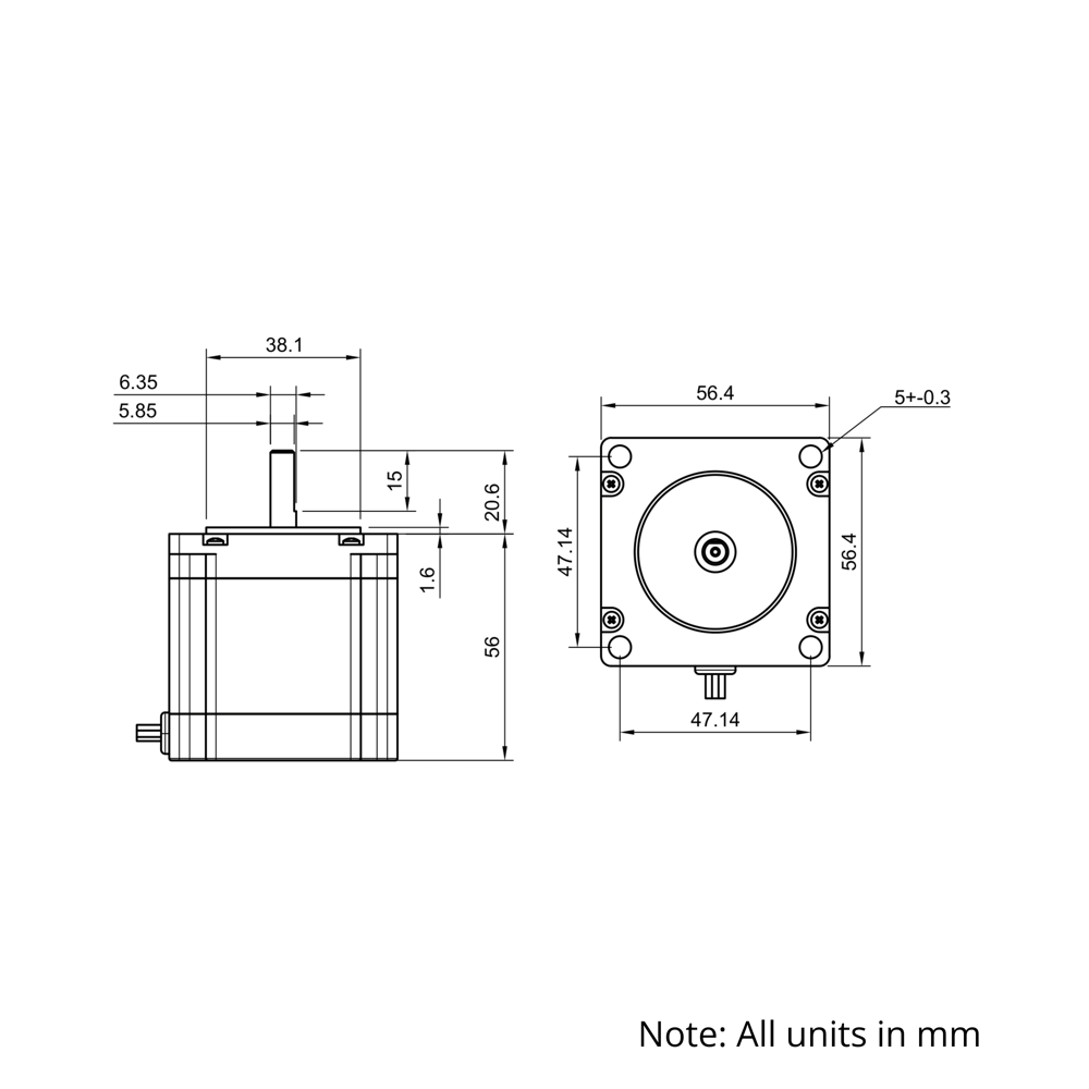 Technical Drawing Of NEMA23 Stepper Motor - 175oz - 2.0A - 1.8 Degree - With Wire