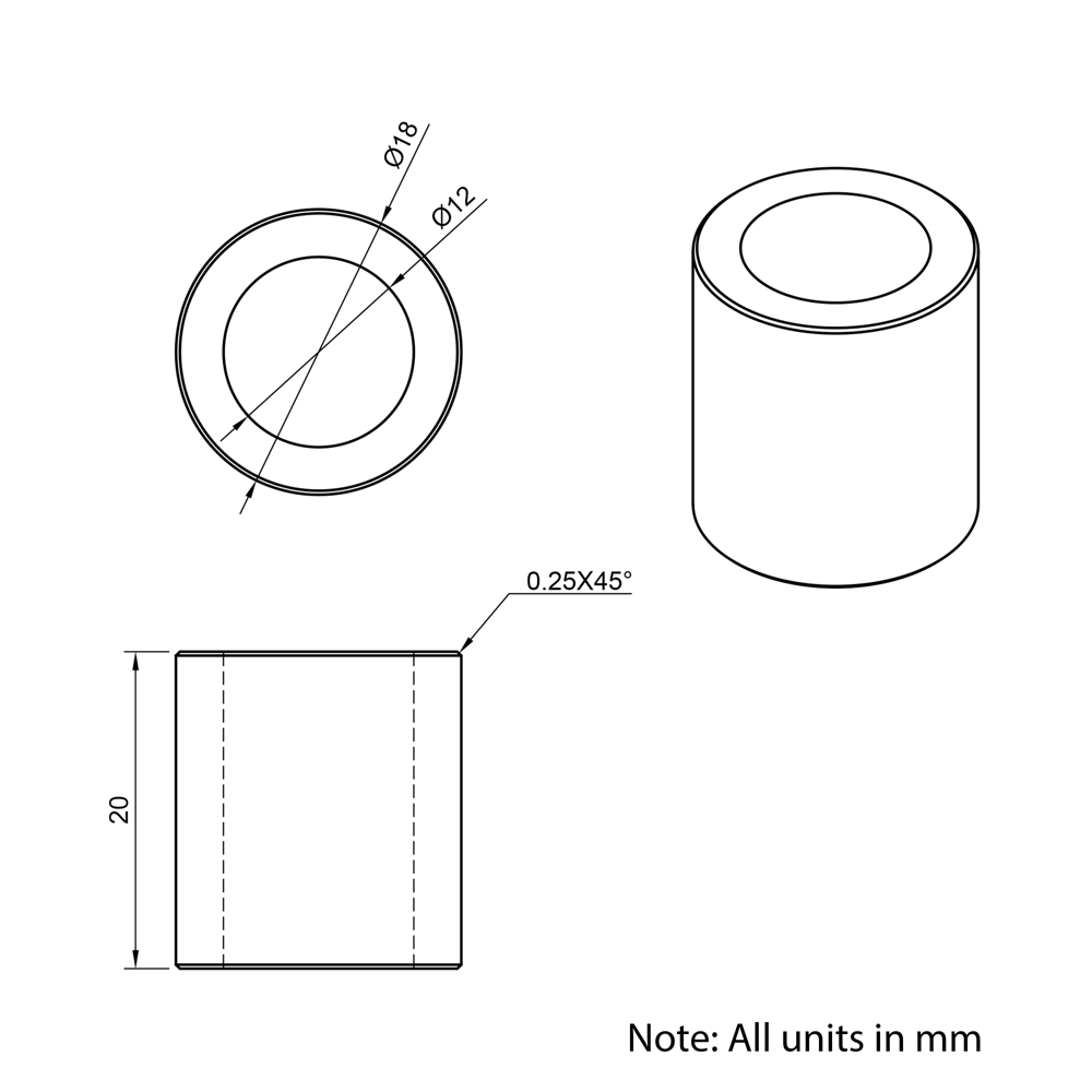 Technical Drawing Of Aluminium Spacer - 12mm - 20mm