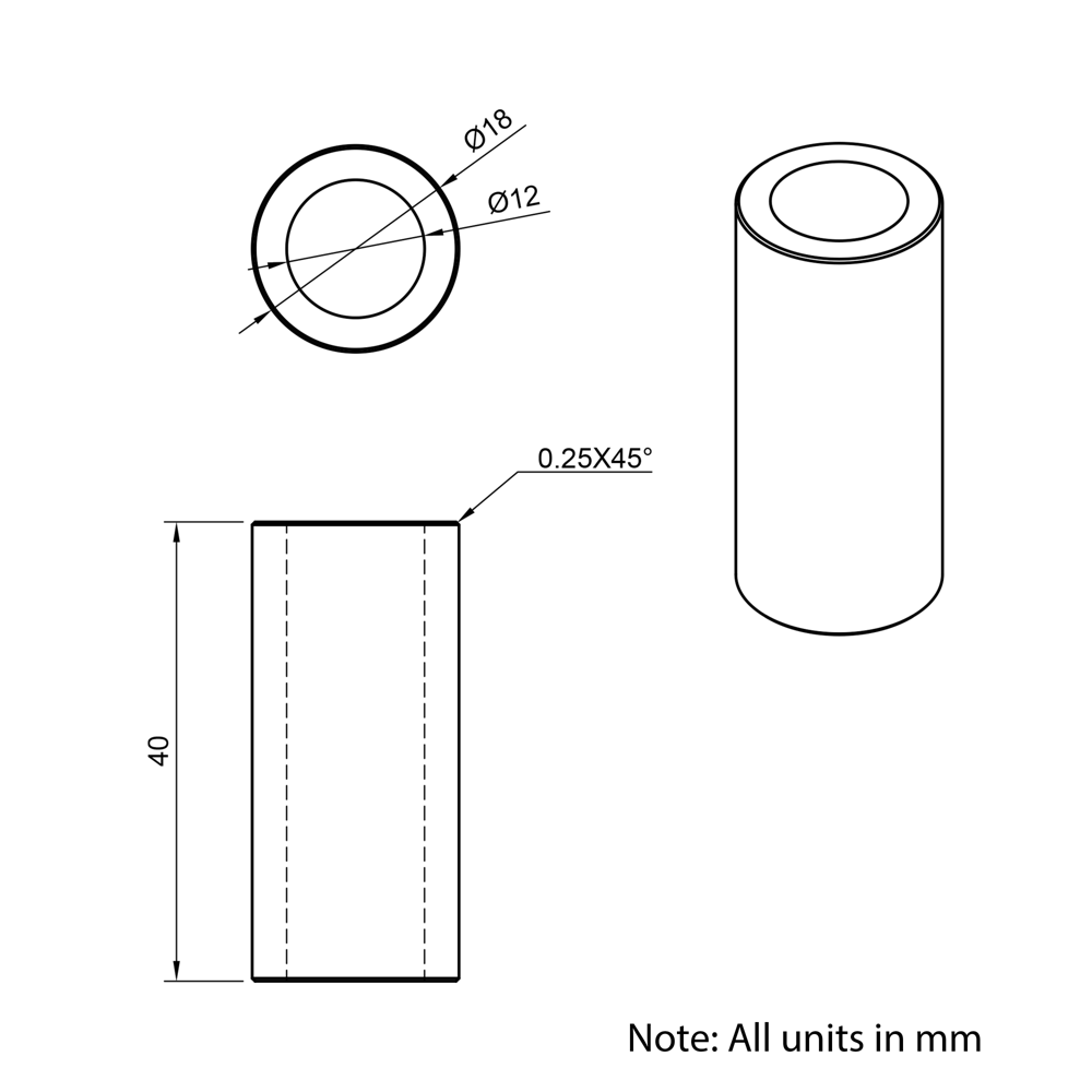 Technical Drawing Of Aluminium Spacer - 12mm - 40mm