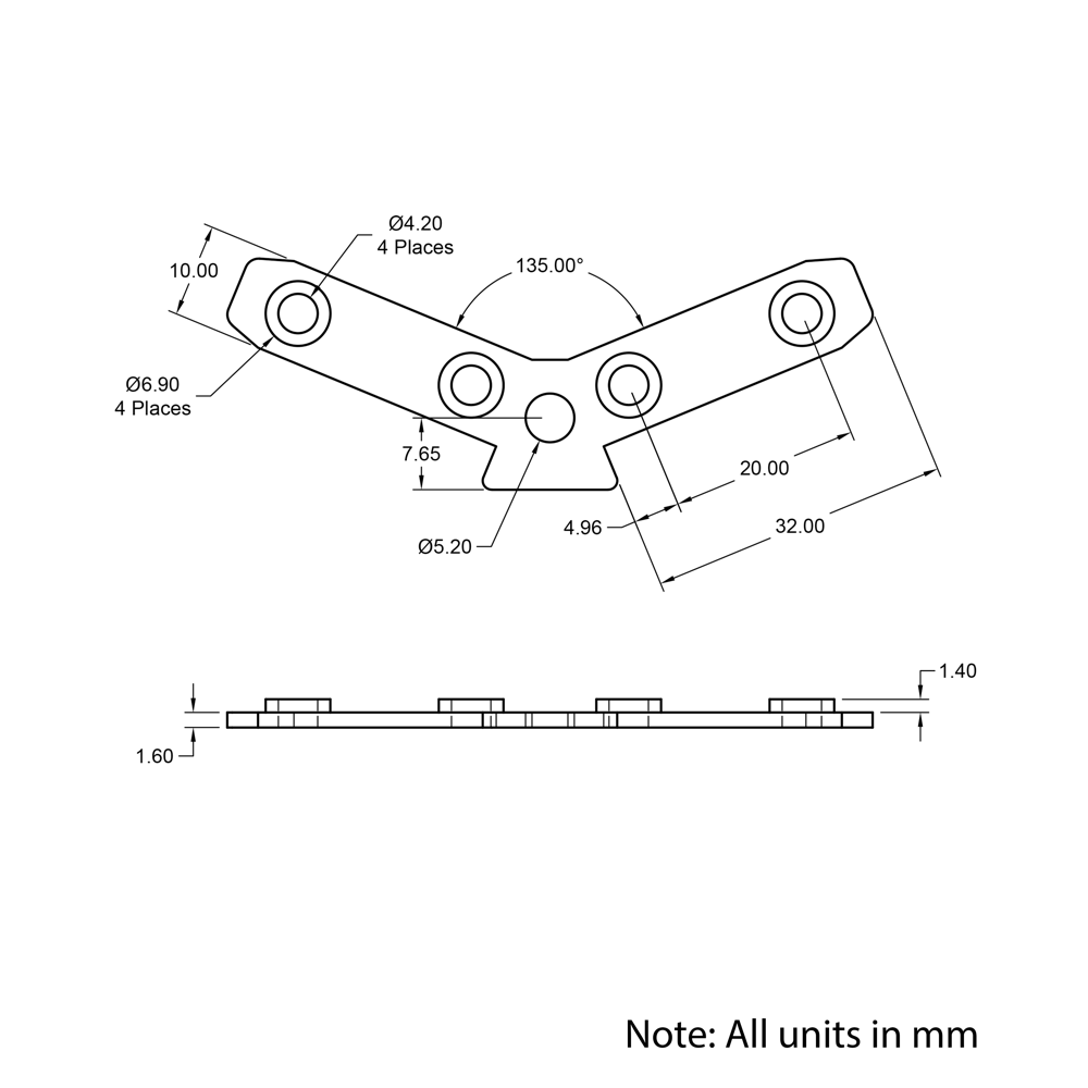 Technical Drawing Of Inner Link Connector - Angle - 135 Degree - With Fixings