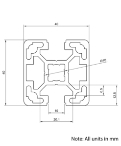 Technical Drawing Of Aluminium Extrusion Profile - T-Slot - 40x40mm - 2 Slot - Silver - Cut to Size