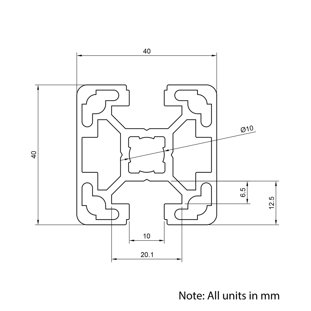 Technical Drawing Of Aluminium Extrusion Profile - T-Slot - 40x40mm - 2 Slot - Silver - Cut to Size