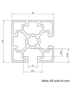 Technical Drawing Of Aluminium Extrusion Profile - T-Slot - 45x45mm - 2 Slot Corner - Silver - Cut to Size